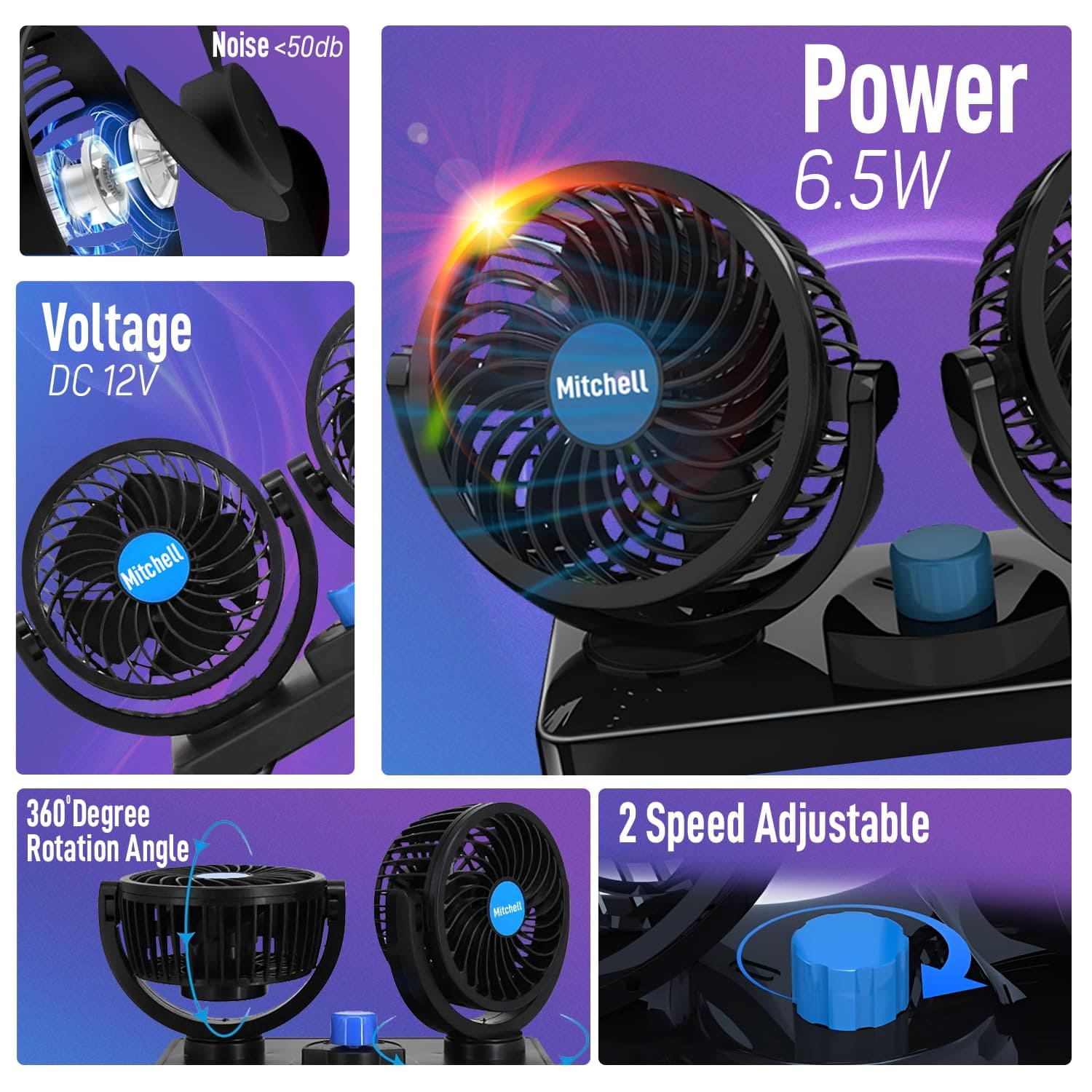 Mitchell 12V DC dual head car dashboard fan