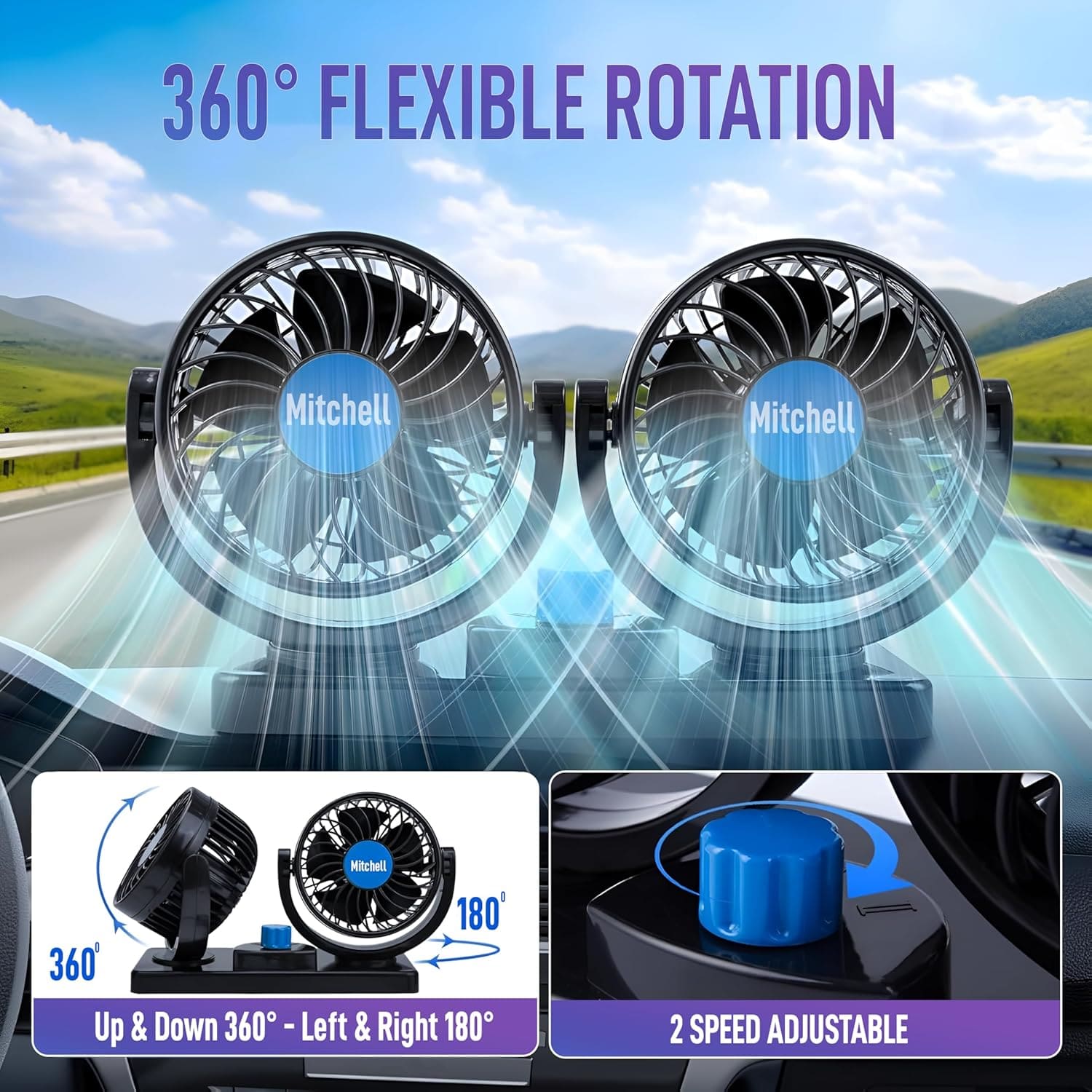 Mitchell 12V DC dual head car dashboard fan - MWR